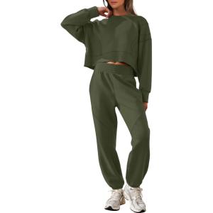 imageANRABESS Womens 2 Piece Outfits Lounge Sets Cropped Sweatshirt Joggers Fashion Sweatsuit Sweat Set 2025 Winter Travel OutfitsOlive