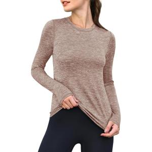 imageANRABESS Womens Long Sleeve Workout Quick Dry Fitted Yoga Gym Athletic ShirtsTaupe
