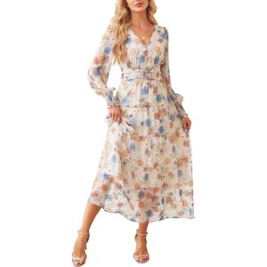 imageANRABESS Womens Floral Long Sleeve Maxi Dress V Neck Chiffon Flowy Boho ALine 2025 Fall Wedding Guest Party Wrap DressesFloral Beige
