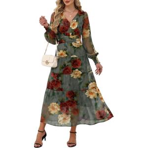 imageANRABESS Womens Floral Long Sleeve Maxi Dress V Neck Chiffon Flowy Boho ALine 2025 Fall Wedding Guest Party Wrap DressesRed Yellow Rose