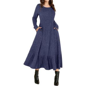 imageANRABESS Womens Long Sleeve Midi Dress 2025 Fall Rib Knit Crew Neck A Line Soft Flowy Swing Dresses with Pocket Casual Trendy Navy Blue Large