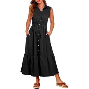 imageANRABESS Womens Summer Button Down Maxi Shirt Dress Sleeveless Collared Tiered Work Dresses Beach Sundress with Pockets