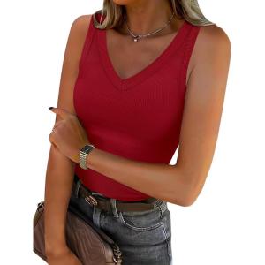 imageANRABESS Tank Tops for Women V Neck Ribbed Knit Slim Fitted Sleeveless Basic Tee Tanks Casual Summer Clothes 2026Red