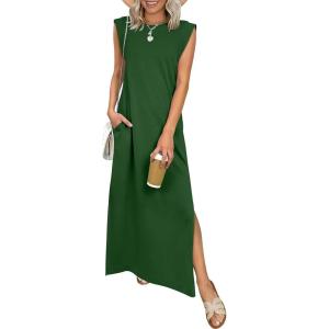 imageANRABESS Women Summer Casual Sleeveless Maxi Dress 2026 Crewneck Loose Split WrinkleFree Beach Travel Vacation Long SundressForest Green