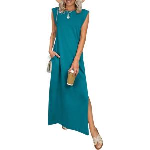 imageANRABESS Women Summer Casual Sleeveless Maxi Dress 2026 Crewneck Loose Split WrinkleFree Beach Travel Vacation Long SundressLake Blue