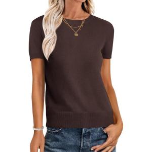 imageANRABESS Womens Short Sleeve Sweaters Wool Blend Crew Neck Sweater Shirts Business Casual Work Tops 2025 Summer OutfitsDeep Brown