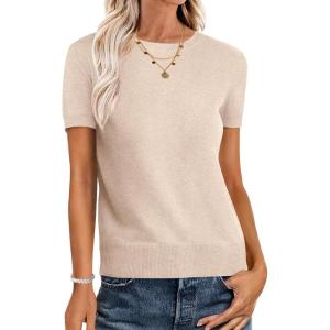 imageANRABESS Womens Short Sleeve Sweaters Wool Blend Crew Neck Sweater Shirts Business Casual Work Tops 2025 Summer OutfitsParchment Beige