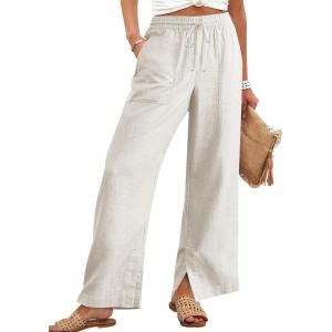 imageANRABESS Womens Wide Leg Palazzo Pants High Waisted Split Hem Lounge Casual Trousers Drawstring Flowy Pant for Beach VacationBeige