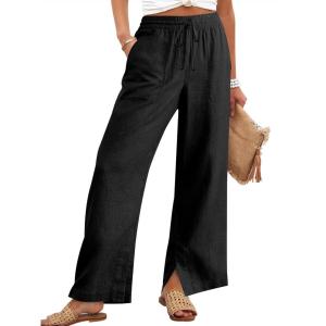 imageANRABESS Womens Wide Leg Palazzo Pants High Waisted Split Hem Lounge Casual Trousers Drawstring Flowy Pant for Beach VacationBlack