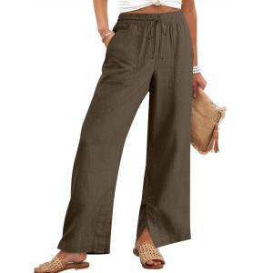 imageANRABESS Womens Wide Leg Palazzo Pants High Waisted Split Hem Lounge Casual Trousers Drawstring Flowy Pant for Beach VacationBrown