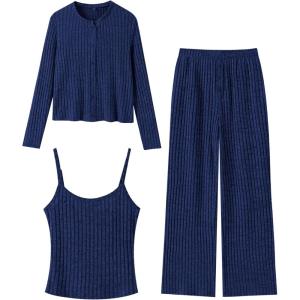 imageANRABESS Women 3 Piece Lounge Pajama Sets Knit Crop Cardigan Cami Top Wide Leg Pants 2025 Fall Outfits Comfy Matching ClothesNavy Blue