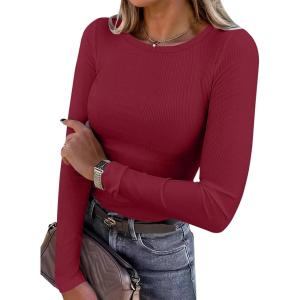 imageANRABESS Women Long Sleeve Shirts Rib Knit Slim Fit Tops Basic Tee 2025 Fall Outfits Casual TShirt Underscrubs Layer ClothesWine Red