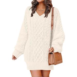 imageANRABESS Womens Long Sleeve V Neck Oversized Cable Knit Mini Sweater Dresses 2025 Winter Fall Trendy Pullover Tunic OutfitsBeige