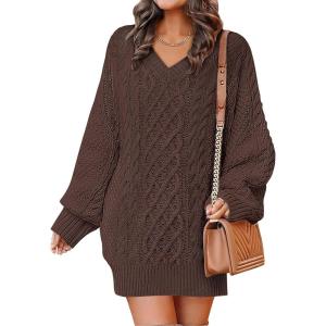 imageANRABESS Womens Long Sleeve V Neck Oversized Cable Knit Mini Sweater Dresses 2025 Winter Fall Trendy Pullover Tunic OutfitsRed Brown