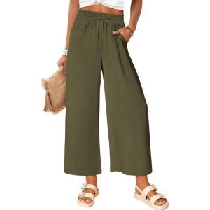 imageANRABESS Women Wide Leg Palazzo Pants Summer High Waisted Casual Loose Lounge Flowy Cropped Capri Beach Trousers Work OutfitsArmy Green