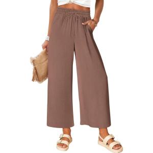 imageANRABESS Women Wide Leg Palazzo Pants Summer High Waisted Casual Loose Lounge Flowy Cropped Capri Beach Trousers Work OutfitsBrown