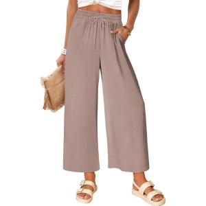 imageANRABESS Women Wide Leg Palazzo Pants Summer High Waisted Casual Loose Lounge Flowy Cropped Capri Beach Trousers Work OutfitsLight Camel
