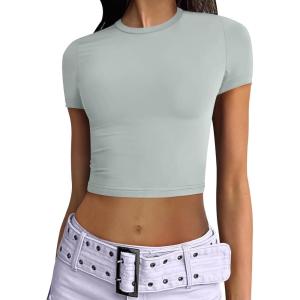 imageANRABESS Womens Basic Tee Summer Outfits Crewneck Short Sleeve Crop Tops Slim Fitted T Shirts Y2k 2025 Trendy ClothingLight Green