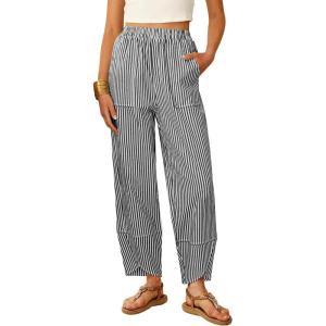 imageANRABESS Womens Gingham Striped Palazzo Pants Wide Leg Pajama Lounge Crop Pants Plaid PJ Bottoms Cute Trousers with PocketsBlack White Stripe