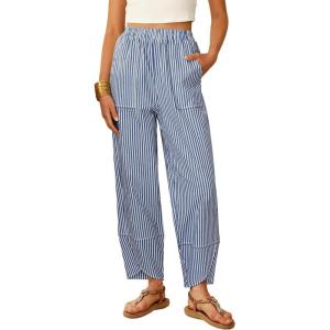 imageANRABESS Womens Gingham Striped Palazzo Pants Wide Leg Pajama Lounge Crop Pants Plaid PJ Bottoms Cute Trousers with PocketsBlue White Stripe