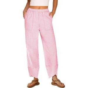 imageANRABESS Womens Gingham Striped Palazzo Pants Wide Leg Pajama Lounge Crop Pants Plaid PJ Bottoms Cute Trousers with PocketsPink White Plaid
