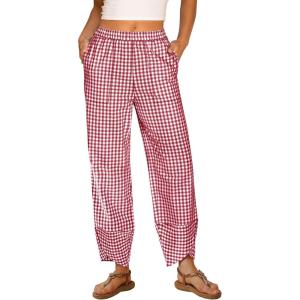 imageANRABESS Womens Gingham Striped Palazzo Pants Wide Leg Pajama Lounge Crop Pants Plaid PJ Bottoms Cute Trousers with PocketsRed White Plaid