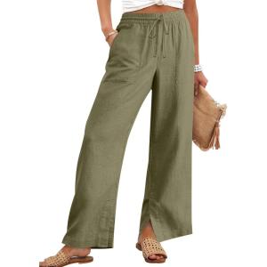 imageANRABESS Womens Wide Leg Palazzo Pants High Waisted Split Hem Lounge Casual Trousers Drawstring Pant for Beach VacationArmy Green