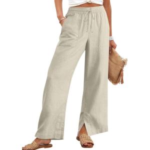 imageANRABESS Womens Wide Leg Palazzo Pants High Waisted Split Hem Lounge Casual Trousers Drawstring Pant for Beach VacationLight Yellow