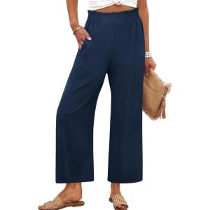 imageANRABESS Womens Wide Leg Palazzo Pants Summer Beach High Waisted Cropped Flowy Pants 2026 Work Casual Trousers with PocketsNavy Blue