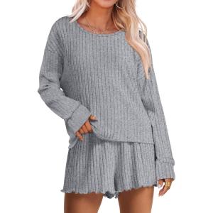 imageANRABESS Womens 2 Piece Lounge Pajama Sets Casual Ribbed Long Sleeve Top Matching Shorts Sleepwear PJ Set 2025 Fall OutfitsGrey