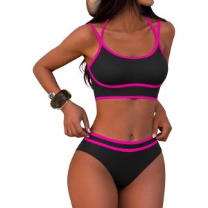 imageANRABESS Womens Halter Bikini Sets Color Block Two Piece Swimsuits High Waisted Bathing Suits Summer Sporty Cheeky SwimwearBlack Hot Pink
