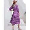 imageANRABESS Women Summer Dress 2026 34 Puff Sleeve Polo V Neck Floral Print Casual Boho Shirt Maxi Dress Beach Vacation ClothesPurple Floral
