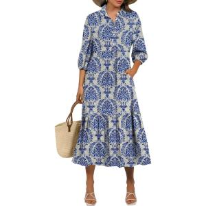 imageANRABESS Women Summer Dress 2026 34 Puff Sleeve Polo V Neck Floral Print Casual Boho Shirt Maxi Dress Beach Vacation ClothesBlue Khaki