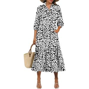 imageANRABESS Women Summer Dress 2026 34 Puff Sleeve Polo V Neck Floral Print Casual Boho Shirt Maxi Dress Beach Vacation ClothesLeopard Print