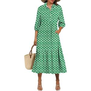 imageANRABESS Women Summer Dress 2026 34 Puff Sleeve Polo V Neck Floral Print Casual Boho Shirt Maxi Dress Beach Vacation ClothesLight Green