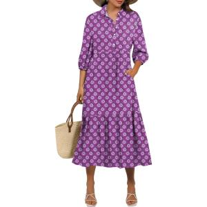 imageANRABESS Women Summer Dress 2026 34 Puff Sleeve Polo V Neck Floral Print Casual Boho Shirt Maxi Dress Beach Vacation ClothesPurple Floral