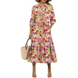 imageANRABESS Women Summer Dress 2026 34 Puff Sleeve Polo V Neck Floral Print Casual Boho Shirt Maxi Dress Beach Vacation ClothesPurple Orange Floral