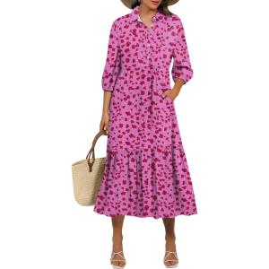 imageANRABESS Women Summer Dress 2026 34 Puff Sleeve Polo V Neck Floral Print Casual Boho Shirt Maxi Dress Beach Vacation ClothesRose Red Floral