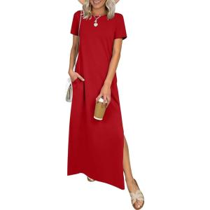 imageANRABESS Womens Summer Casual Maxi Dress Short Sleeve Crewneck Split WrinkleFree Beach Travel Vacation Long SundressRed