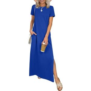 imageANRABESS Womens Summer Casual Maxi Dress Short Sleeve Crewneck Split WrinkleFree Beach Travel Vacation Long SundressRoyal Blue