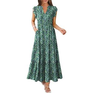 imageANRABESS Womens Summer Casual Maxi Dress V Neck Ruffle Sleeve Long Dresses Fashion Flowy Tiered Boho Beach Vacation SundressBlue Green Floral
