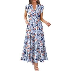 imageANRABESS Womens Summer Casual Maxi Dress V Neck Ruffle Sleeve Long Dresses Fashion Flowy Tiered Boho Beach Vacation SundressBlue Orange Floral