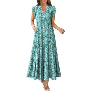 imageANRABESS Womens Summer Casual Maxi Dress V Neck Ruffle Sleeve Long Dresses Fashion Flowy Tiered Boho Beach Vacation SundressFloral Green