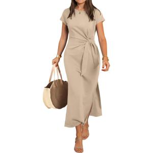 imageANRABESS Womens Summer Maxi Dress Casual Crew Neck Tie Waist Split WrinkleFree Fit Long Fashion Vacation Dresses 2026 SpringApricot