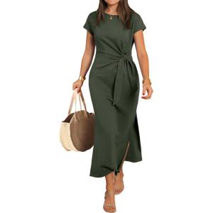 imageANRABESS Womens Summer Maxi Dress Casual Crew Neck Tie Waist Split WrinkleFree Fit Long Fashion Vacation Dresses 2026 SpringArmy Green