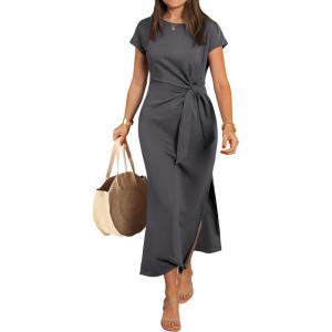 imageANRABESS Womens Summer Maxi Dress Casual Crew Neck Tie Waist Split WrinkleFree Fit Long Fashion Vacation Dresses 2026 SpringDeep Grey