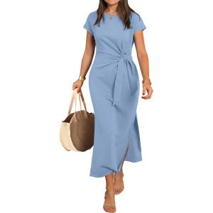 imageANRABESS Womens Summer Maxi Dress Casual Crew Neck Tie Waist Split WrinkleFree Fit Long Fashion Vacation Dresses 2026 SpringLight Blue