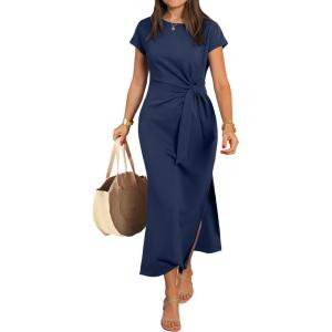 imageANRABESS Womens Summer Maxi Dress Casual Crew Neck Tie Waist Split WrinkleFree Fit Long Fashion Vacation Dresses 2026 SpringNavy Blue