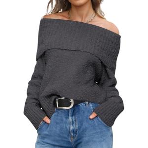 imageANRABESS Off The Shoulder Sweaters for Women 2025 Fall Turtleneck Long Sleeve Fuzzy Knit Warm Casual Winter SweaterDeep Gray