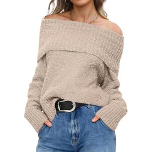 imageANRABESS Off The Shoulder Sweaters for Women 2025 Fall Turtleneck Long Sleeve Fuzzy Knit Warm Casual Winter SweaterLight Khaki